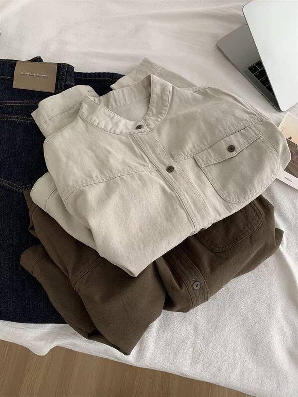 Trendy retro workwear stand-up collar jacket for women, loose casual washed cotton cardigan, short coat for petite women for spring and autumn Trendy retro workwear stand-up collar jacket for women, loose casual washed cotton cardigan, short coat for petite women for spring and autumn