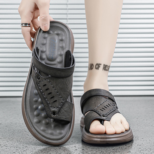 2024 Leather Sandals Men's Summer Outerwear Flip-Flop Beach Vietnamese Leather Sandals Non-Slip Driving Dual-Purpose Flip-Flops
