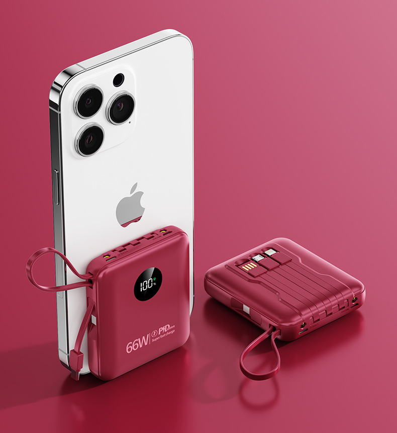 Toptan Mini Süper Hızlı Şarj 66W Powerbank 20000mAh Büyük Kapasiteli Dahili Kablolu Taşınabilir Şarj Cihazı Logo Baskılı