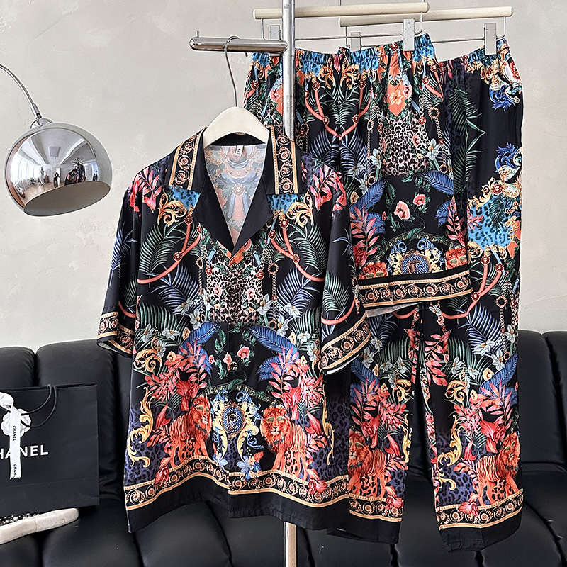 Ice Silk Couple's Pajamas, Men's and Women's Three-Piece Set, Summer Short-Sleeved Thin Colorful Jungle Print Home Wear Set Shirt Ice Silk Couple's Pajamas, Men's and Women's Three-Piece Set, Summer Short-Sleeved Thin Colorful Jungle Print Home Wear Set Shirt