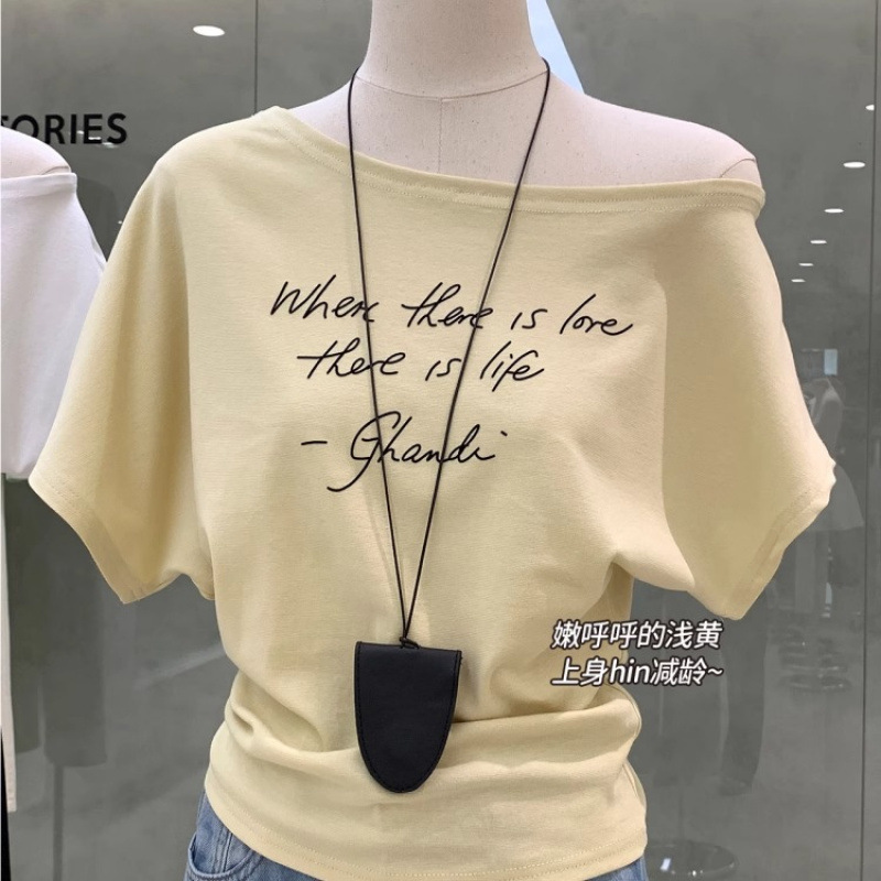 American Hot Girl Fashion Letter Slanted Shoulder Short-Sleeved T-Shirt Women's 2025 Summer New Off-Shoulder Relaxed Top Ins