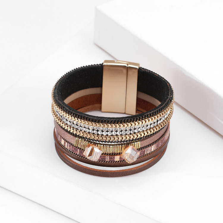 Bohemian Leather Diamond-studded Wide-sided Bracelet display picture 17