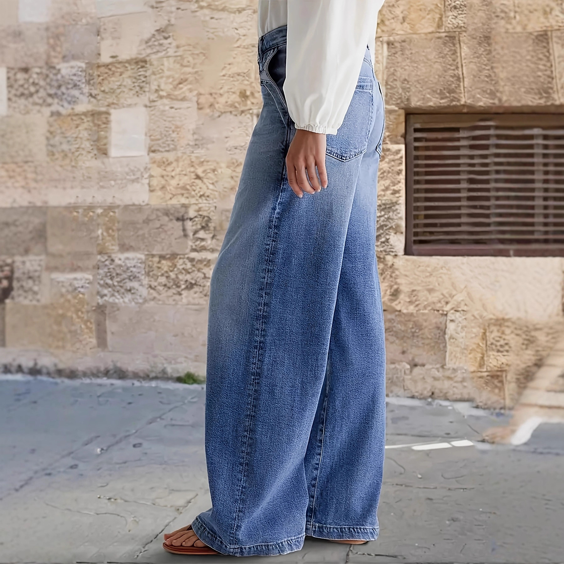 Jeans de Pierna Ancha para Mujer de Mezclilla de Algodón, Cintura Media