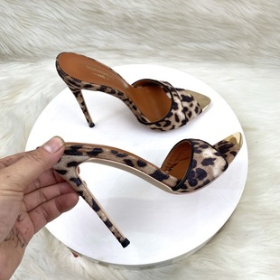Cross-Border Foreign Trade Wholesale European and American Summer New Leopard Print Velvet Pointed Toe Stiletto High Heels Fashion Sandals Slippers