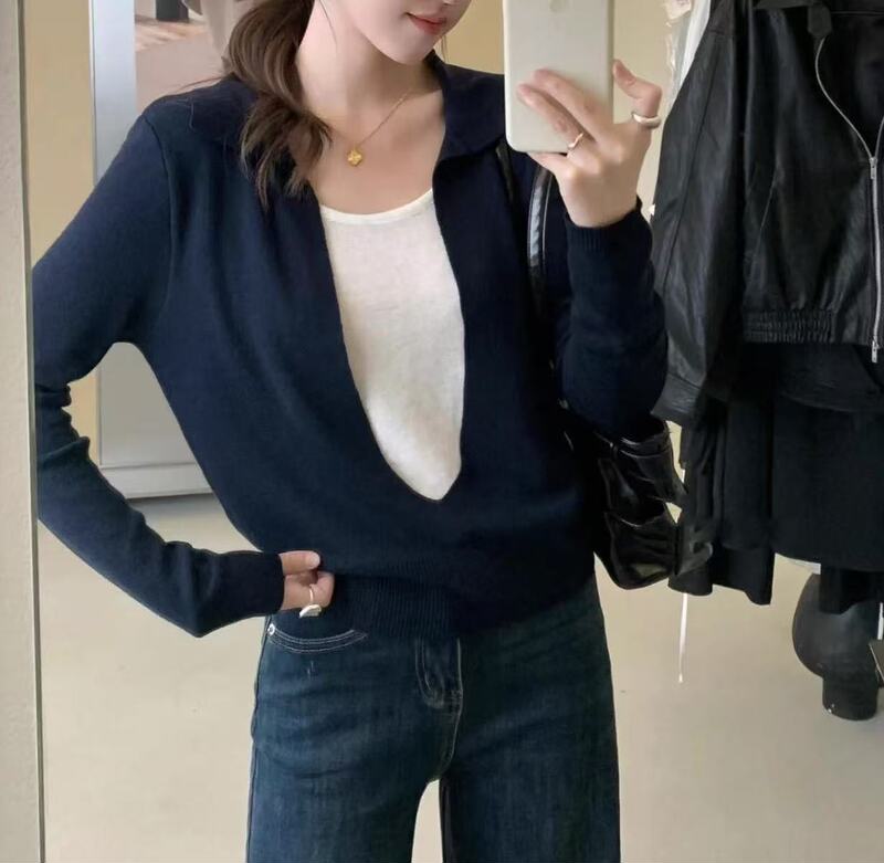 设计感撞色拼接长袖针织衫女秋冬新款时尚洋气减龄假两件别致上衣|undefined