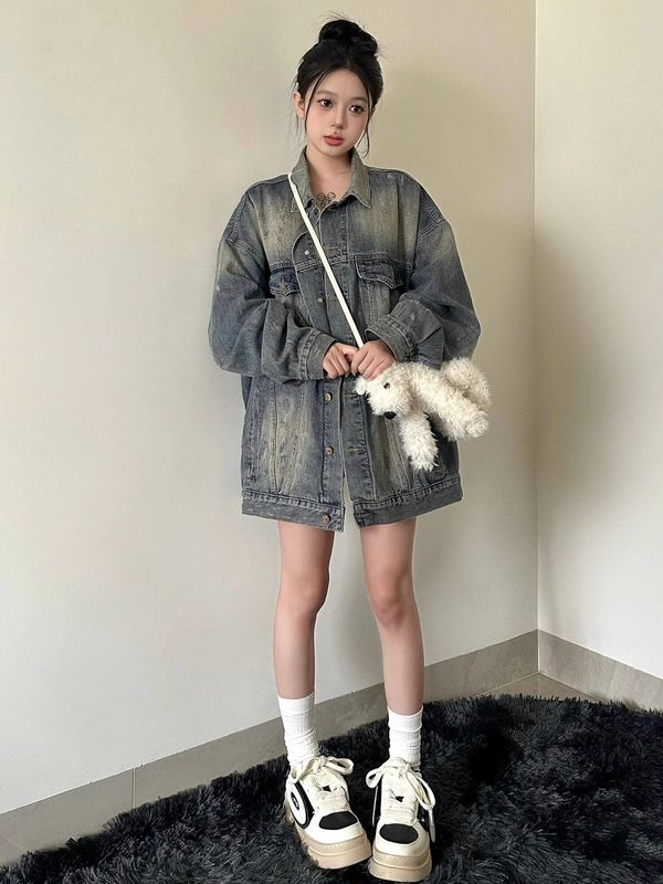 美式复古做旧磨破牛仔外套男女春秋新款潮牌宽松休闲夹克长上衣潮|undefined