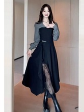 法式气质设计感黑色开叉连衣裙子女早秋装2025新款高级感长袖长裙