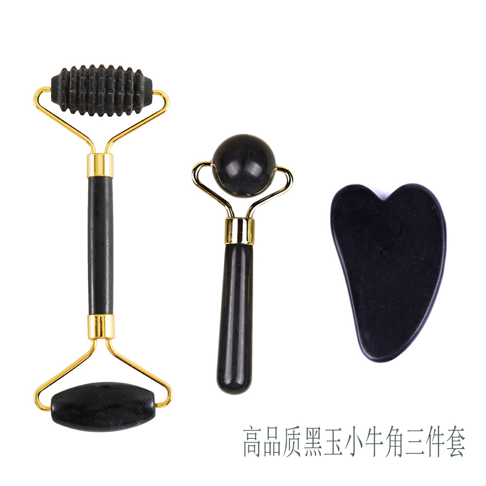 Juego de tres piezas de rodillo de jade natural y tabla de gua sha, dispositivo de belleza para masaje facial, lámina de gua sha facial, fabricante de rodillos de jade