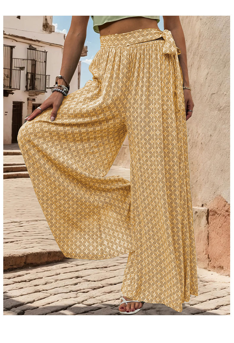 Printed Loose Wide-leg Lace-up High-waisted Casual Pant_voghion.com