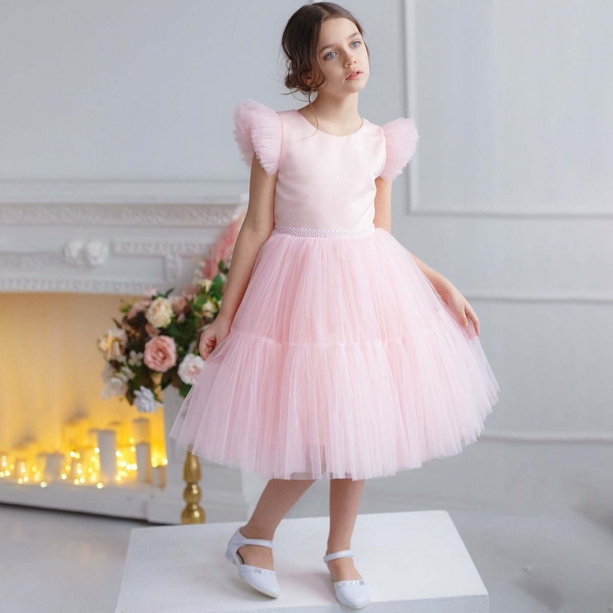 Pink tulle ballgown for girls, princess-style dress—Amazon flower girl wedding gown with a children's bow-tie party dress