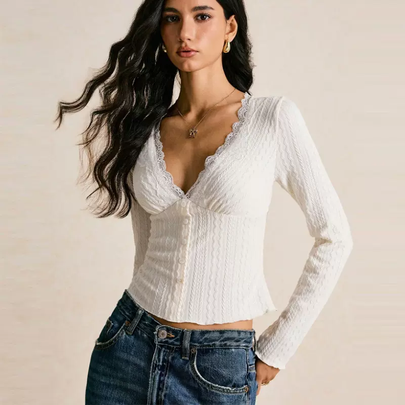 瑞逅跨境亚马逊外贸欧美修身长袖T恤秋冬季气质蕾丝V领打底上衣女