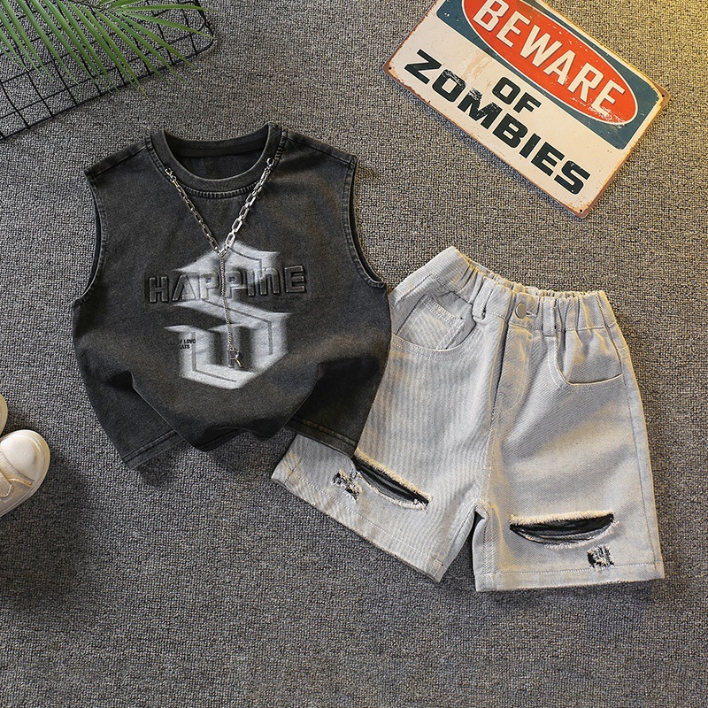 7338 Traje de verano para niños 2025 Nuevo chaleco sin mangas de estilo occidental para niños Verano delgado Versión coreana de dos piezas Verano