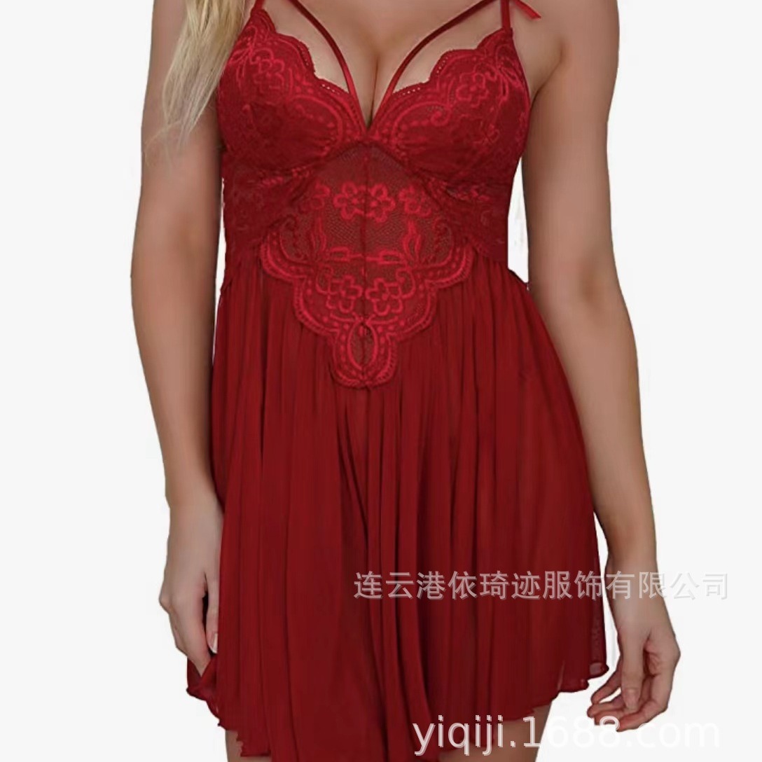 Comercio exterior europeo y americano sexy lencería sexy encaje malla costura Correa split pecho expuesto vestido camisón al por mayor