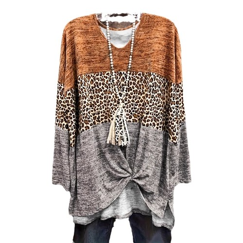 A large quantity of Western and European plus-size women's V-neck leopard print color-blocked patchwork long-sleeved T-shirt tops