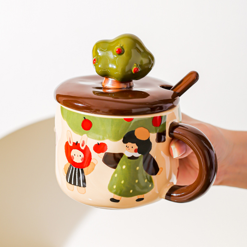 Apple Tree Girl cerámica vintage taza de alto valor con cuchara de cubierta taza de agua de oficina taza de café taza de desayuno