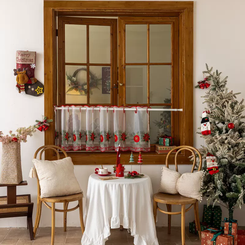 厂家直供欧美节日圣诞门帘绣花纱适用小窗户门帘