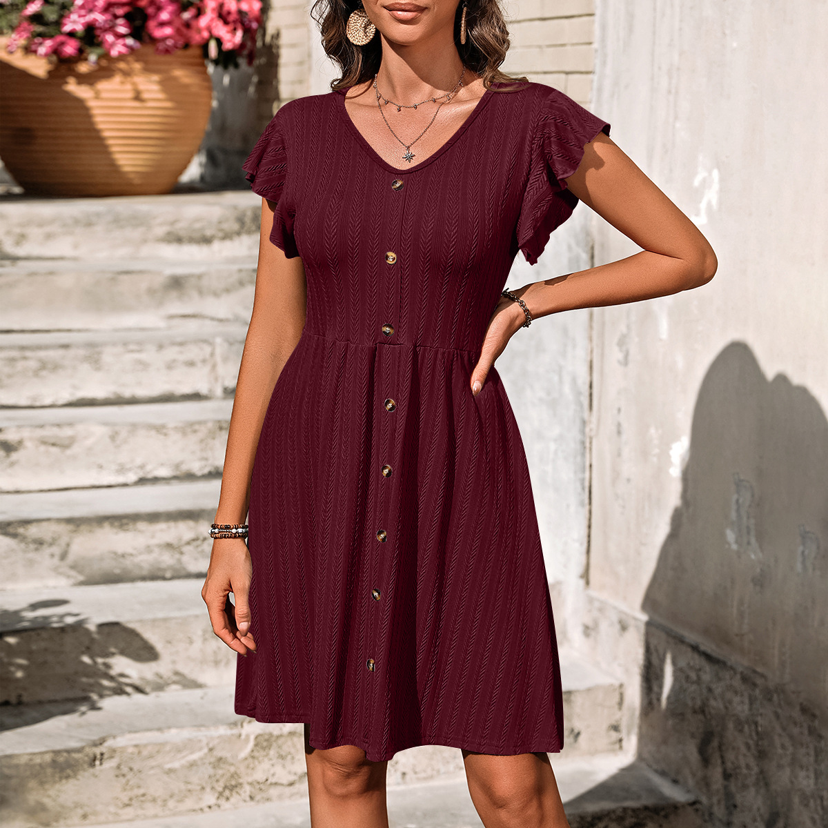 Women's Regular Dress Simple Style V Neck Button Short Sleeve Solid Color Midi Dress Holiday Daily display picture 18