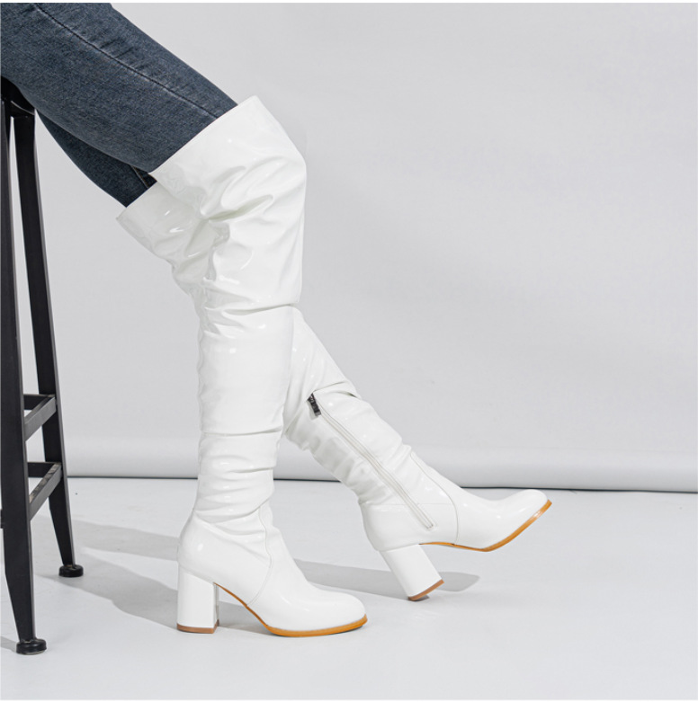 Novi ženski škornji, nagubani lakasto usnje, škornji čez kolena z debelo peto in stransko zadrgo_voghion.com