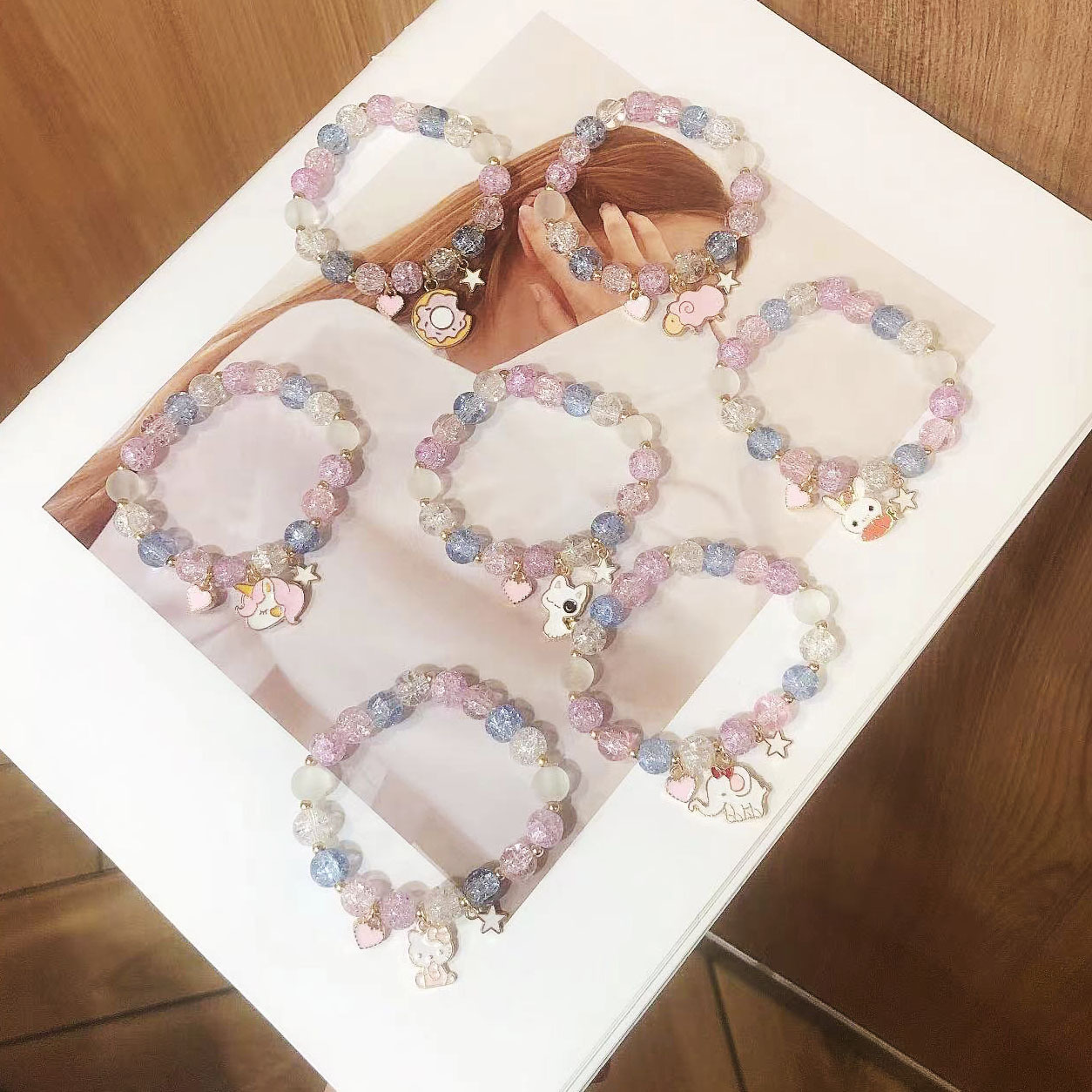 日韩卡通串珠爆珠水晶可爱合金彩色手链女学生玻璃手镯手串珠子