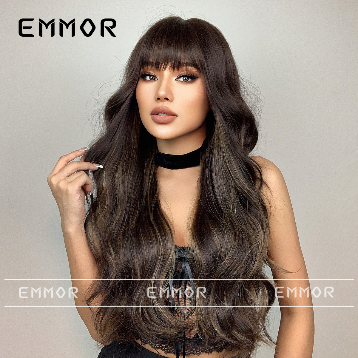 Elegante nueva moda de las mujeres Peluca de pelo largo y rizado con flequillo negro marrón estilo europeo y americano gran ola peluca cabeza cubierta