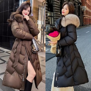 White Duck down Large Fur Collar down Jacket for Women 2024 Winter New Loose Thickeneded Warm Waist Long Outwear Jacket