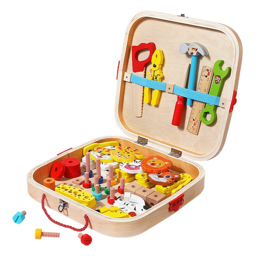 Caja de herramientas educativa de madera para niños | Juego Montessori con tuercas y tornillos, bloques de construcción y caja de almacenamiento portátil