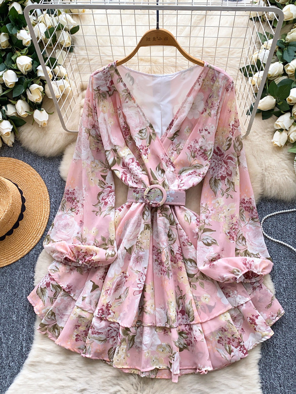 Seaside Resort Style Printed Puff Sleeve Dress for Women in Autumn with Cross Collar Belt Slimming and Beautiful Mid-Length Skirt Seaside Resort Style Printed Puff Sleeve Dress for Women in Autumn with Cross Collar Belt Slimming and Beautiful Mid-Length Skirt