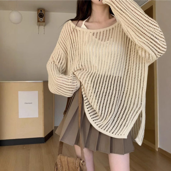 2025 New Spring and Summer Thin Hollow Mesh Blouse Women's Loose Laid-back Long-sleeved Shoulder Sweater
