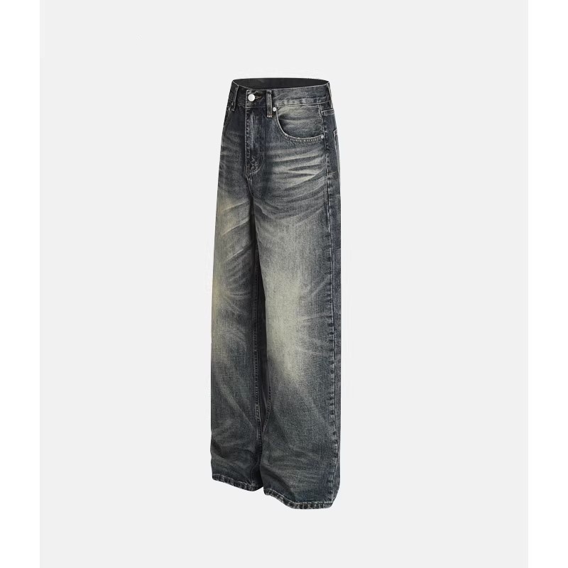 Men's American Retro Distressed Whiskered Jeans Clean Fit Slimming mid Waist Loose Casual Versatile Long Pants Kpop Normcore_mkmklike.com