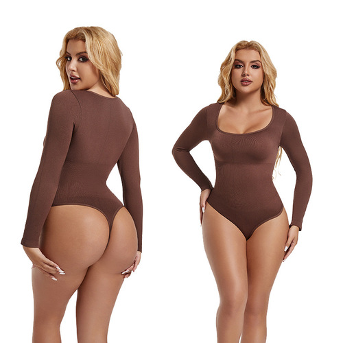 Bestselling trendy autumn new seamless thread square neck waist-cinching buttoned bodycon dress