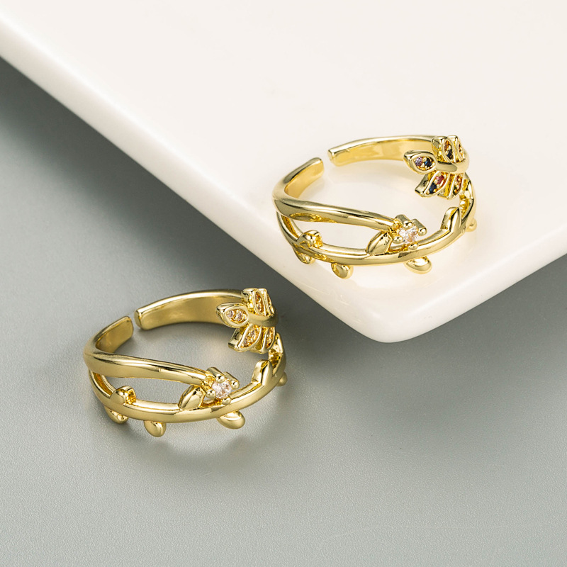 Korean flowers leaves copper micro-inlaid color zircon couple ring