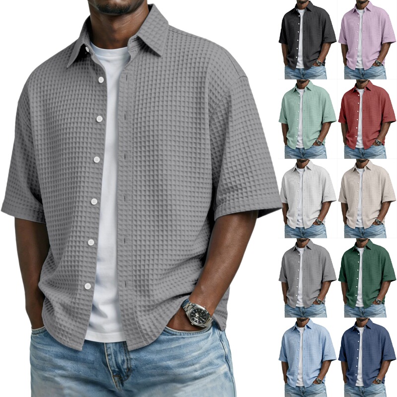 European and American Men's Clothing Amazon Cross-Border Summer New Men's Casual Solid Color Waffle Lapel Short-Sleeved Shirt Top