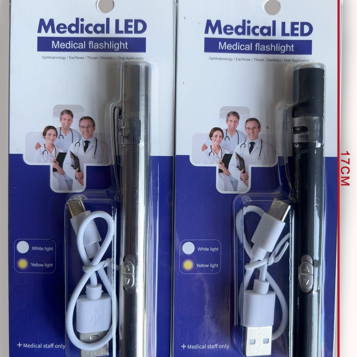Luz de lápiz de pupila de fuente de luz doble amarilla y blanca recargable médico médico de acero inoxidable examen oral linterna de lápiz LED