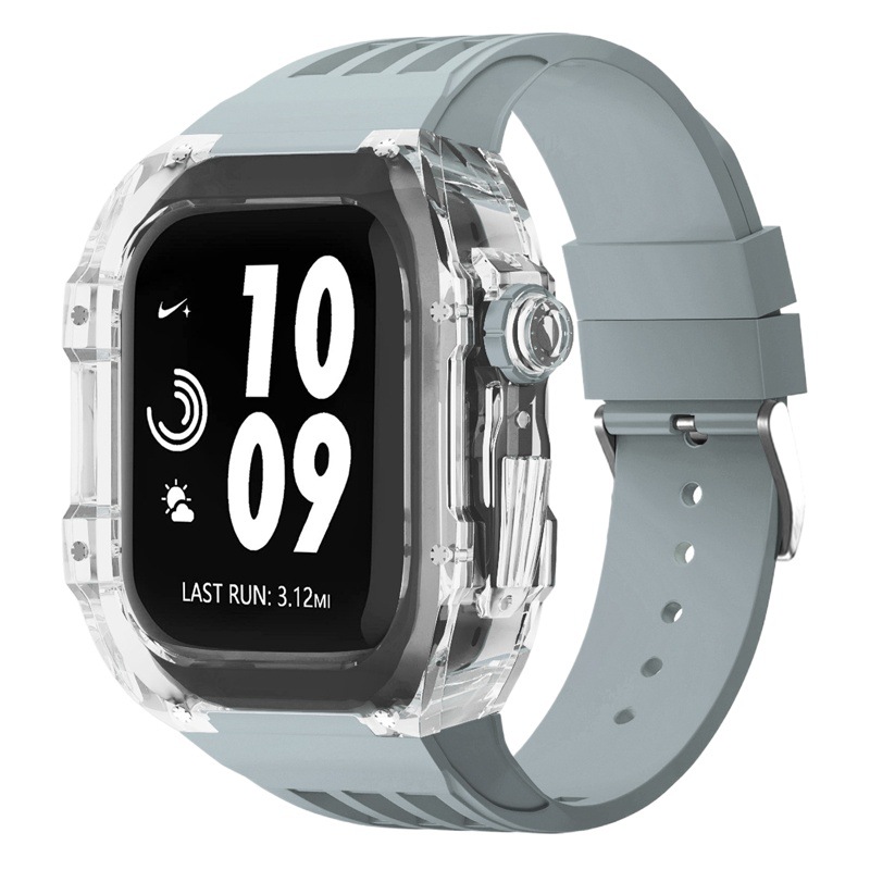 Cristal transparente caja de reloj para Apple Watch modificado reloj caso iWatch8 funda protectora de caucho de flúor Correa 44/45