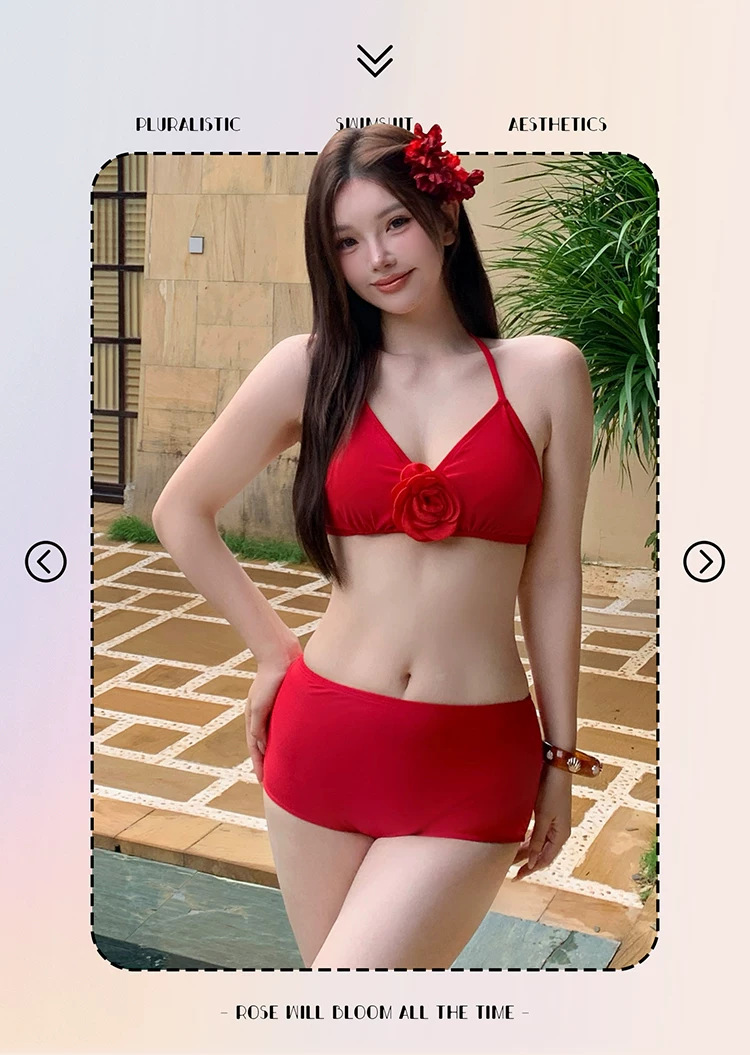 Plus-size Red Four-piece Bikini Set With Long Sleeve Sun Protection_voghion.com