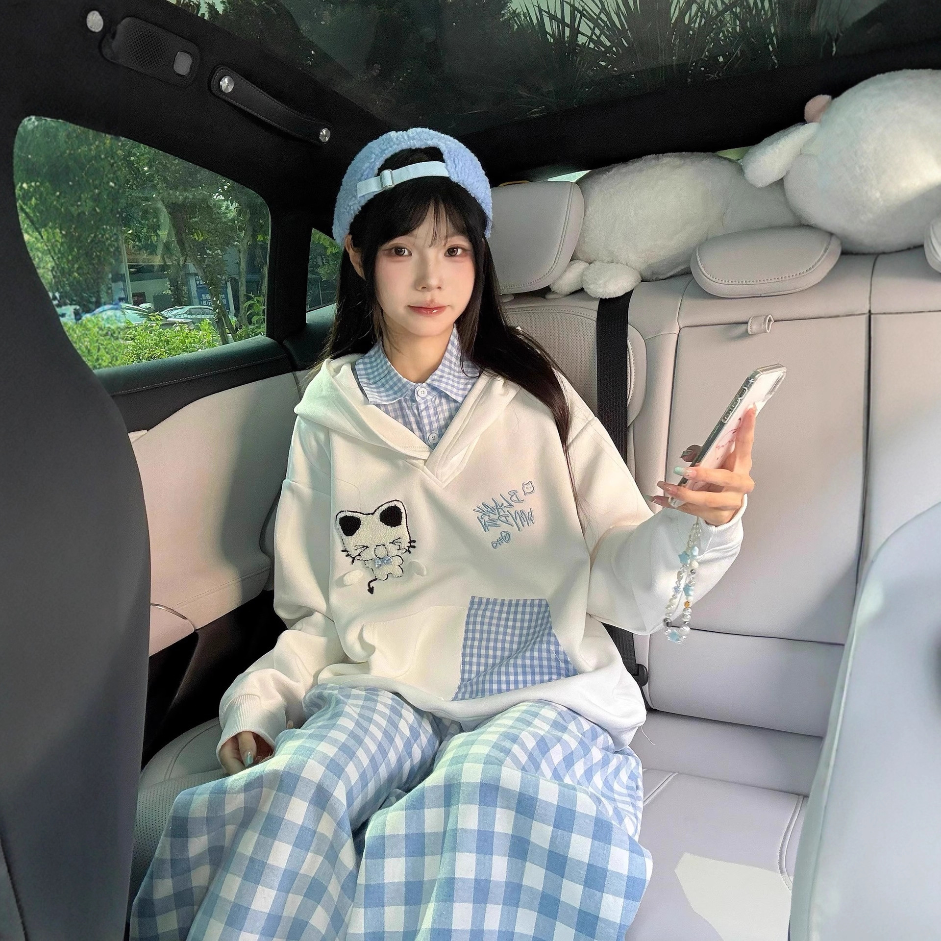 美式假两件猫咪刺绣字母Ktty连帽卫衣女学院风宽松休闲百搭上衣