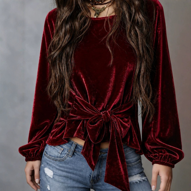 Cross-border women's clothing Amazon European and American French velvet shirt for women, 2026 autumn new style, mature and elegant design, long-sleeved top