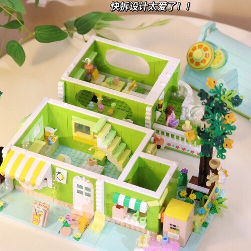 Zhegao mini street view lime tea shop chocolate workshop small particles compatible with Lego building blocks assembled educational toys