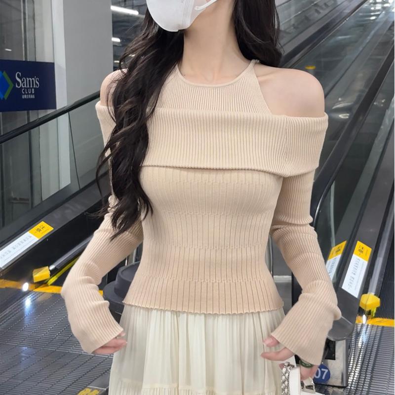 Hong Kong Style Fake Two-Piece One-Shoulder Long-Sleeved Knitwear for Women Spring & Fall New Off-Shoulder Knitwear Bottoming Shirt Trendy Top