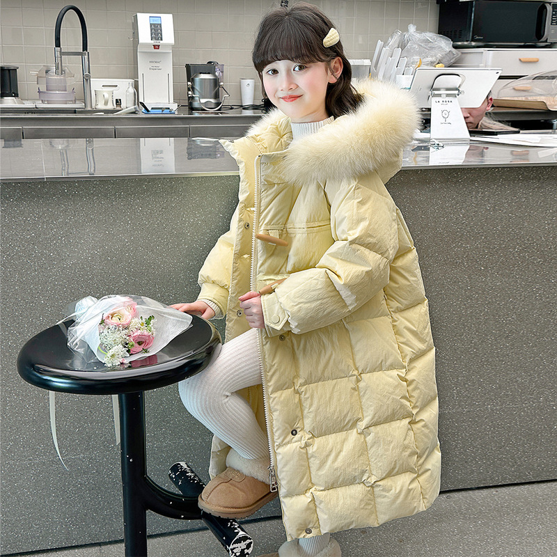 取り外し可能な大きなファー襟の女の子のロングチェック柄ダウンコットンジャケット冬ジャケット中型および大型子供用暖かいコットンジャケット|undefined