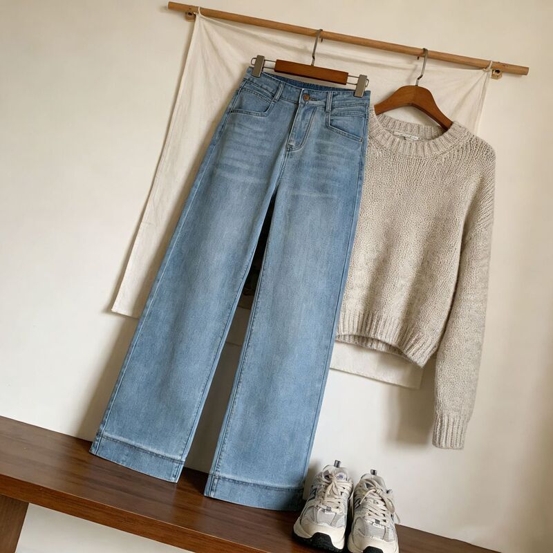 2026 Light Blue Narrow Straight-Leg Jeans for Women, New Spring/Summer High-Waisted Slimming Petite Drapey Wide-Leg Pants