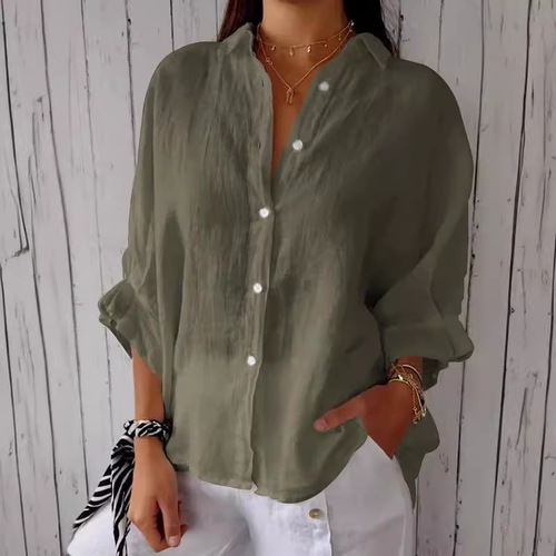 European and American Spring-Season Cotton-Linen Back-Tie Design Shirt