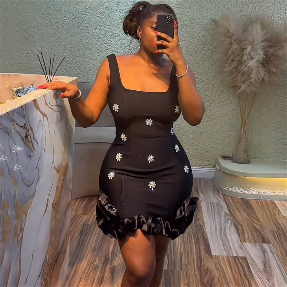 New Sexy Suspender Studded Hip Skirt Bandage Dress Ruffled Evening Dress Short Skirt European and American Cross-Border Women's Clothing