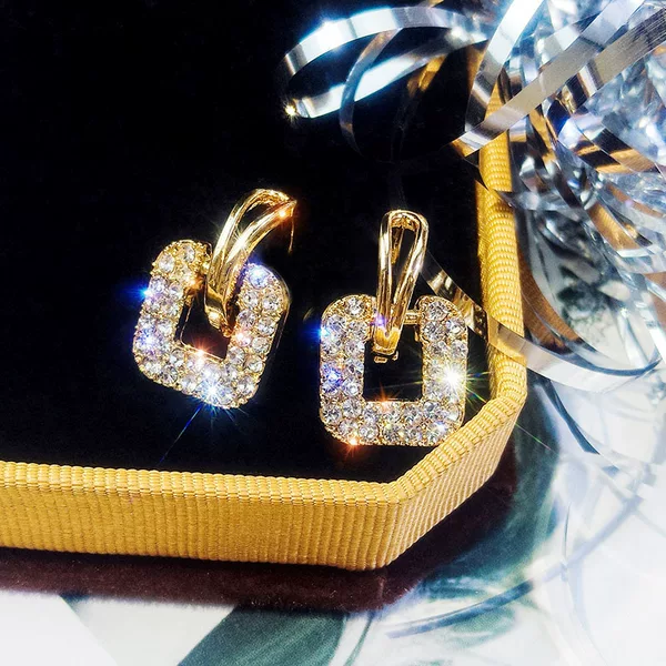 Korean Full Diamond Earrings for Women, New Style, Versatile, Square Full Diamond Earrings, Stud Earrings