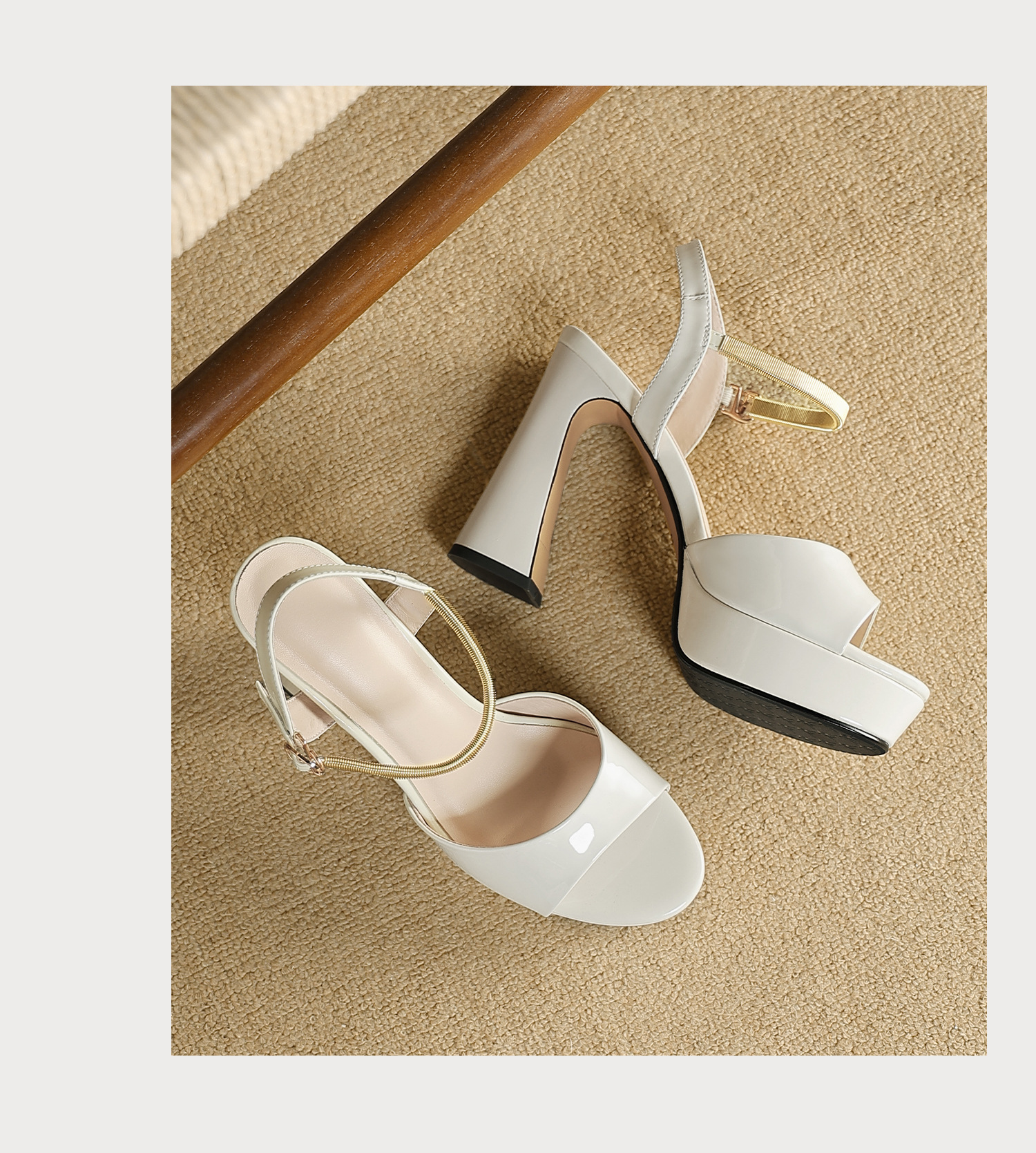 Sandal peep toe nữ quai ngang gót vuông platform đế cao 9 cm — màu đen, màu trắng ngà chi tiết 21