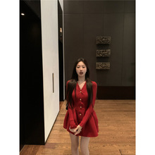 昕可达【圣诞费尔岛】红色法式V领小香风针织连衣裙女
