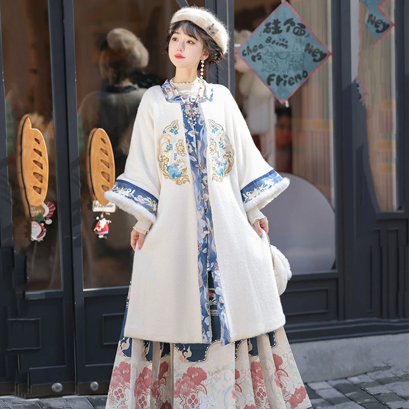 Женская осенне-зимняя куртка Guofeng, утолщенная флисовая подкладка Hanfu, тяжелая промышленная куртка-рубашка с квадратным воротником и вышивкой, улучшенная юбка с верхом