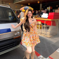 大码女装方领泡泡袖碎花连衣裙女夏季甜美气质短裙子显瘦遮肉微胖