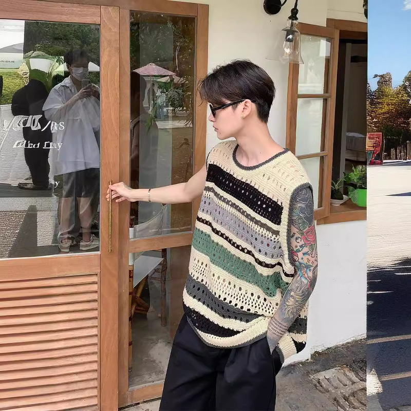 Sweater Stacked Vest Men's Summer Niche Hollow Trendy Brand Retro Casual Contrast Color Striped Sleeveless T-shirt