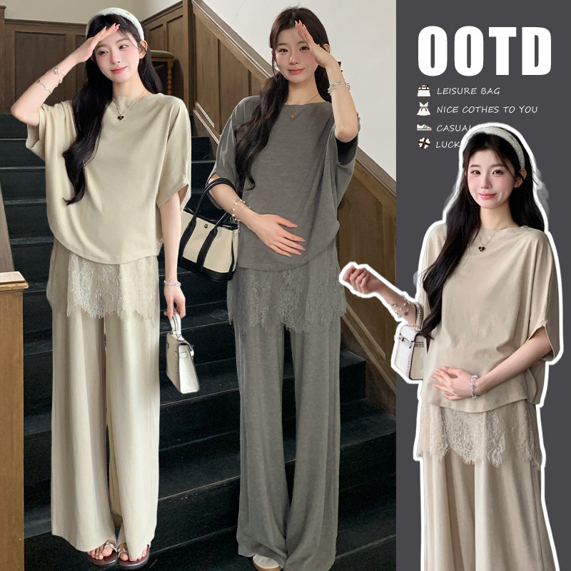 Real Shot of 2026 Stylish and Simple Maternity Top + Lace Patchwork Maternity Wide-Leg Pants Two-Piece Set for Going Out Real Shot of 2026 Stylish and Simple Maternity Top + Lace Patchwork Maternity Wide-Leg Pants Two-Piece Set for Going Out